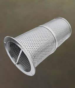 A perforated cylinder filter with metal edge and two handles.