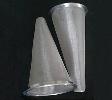 A woven cone filter with stainless steel edge.