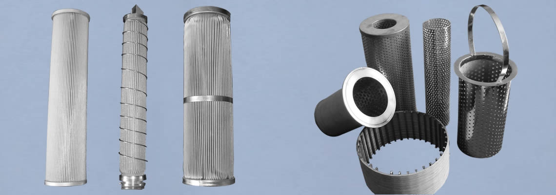 Left part is three pleated cylinder filters and right part is perforated and woven cylinder filters.