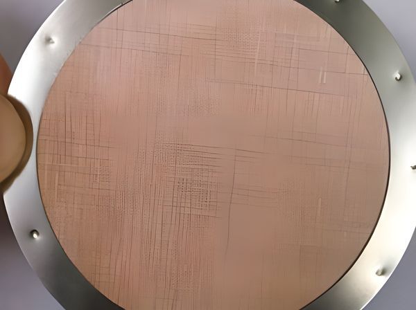 A hand is holding a piece of copper wire mesh filter disc with stainless steel edge.