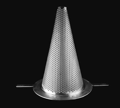 A perforated cone filter with stainless steel edge.