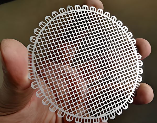 Five fingers pinch a perforated filter disc.