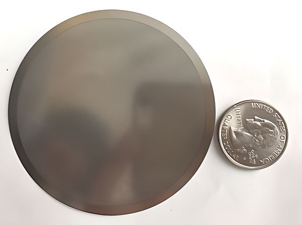 A round filter disc with shiny and smooth surface is beside a metal coin.