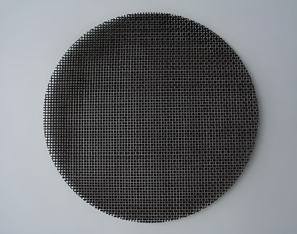 A round black wire cloth woven filter disc.